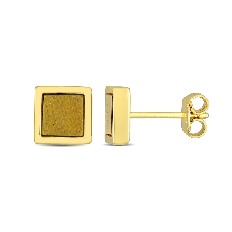 Main Image 1 of 5.3mm Square Tiger's Eye Stud Earrings in Sterling Silver with Yellow Rhodium