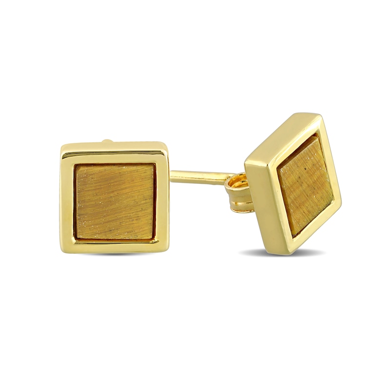Main Image 3 of 5.3mm Square Tiger's Eye Stud Earrings in Sterling Silver with Yellow Rhodium