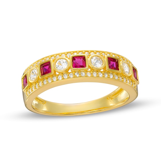 Princess-Cut Lab-Created Ruby and White Lab-Created Sapphire Triple Row Band in Sterling Silver with 14K Gold Plate