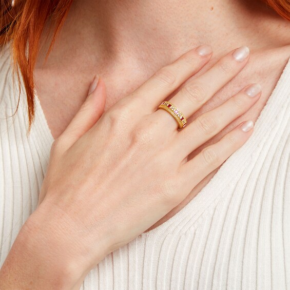 Princess-Cut Lab-Created Ruby and White Lab-Created Sapphire Triple Row Band in Sterling Silver with 14K Gold Plate