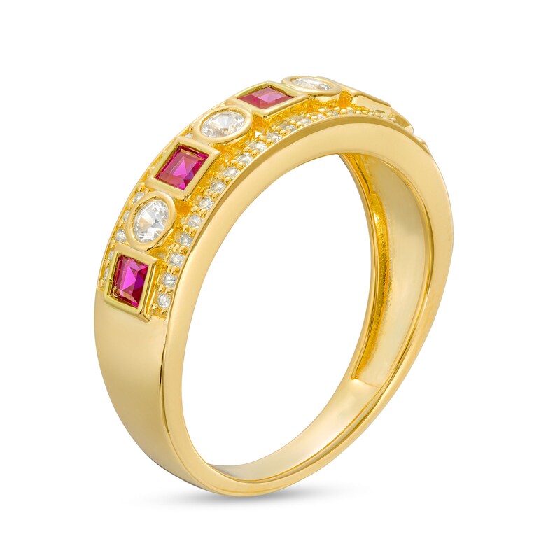 Main Image 3 of Princess-Cut Lab-Created Ruby and White Lab-Created Sapphire Triple Row Band in Sterling Silver with 14K Gold Plate