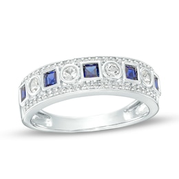 Princess-Cut Blue and White Lab-Created Sapphire Triple Row Band in Sterling Silver