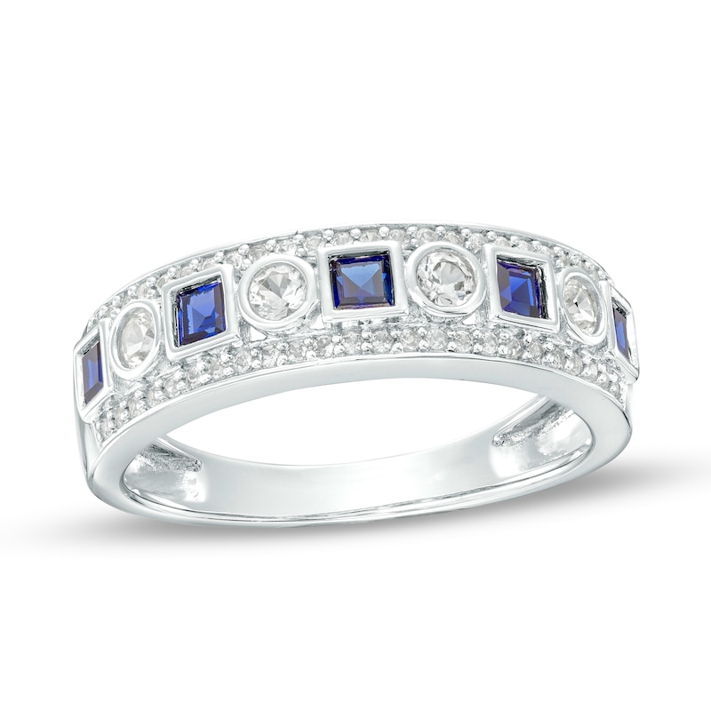 Main Image 1 of Princess-Cut Blue and White Lab-Created Sapphire Triple Row Band in Sterling Silver