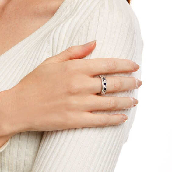 Princess-Cut Blue and White Lab-Created Sapphire Triple Row Band in Sterling Silver