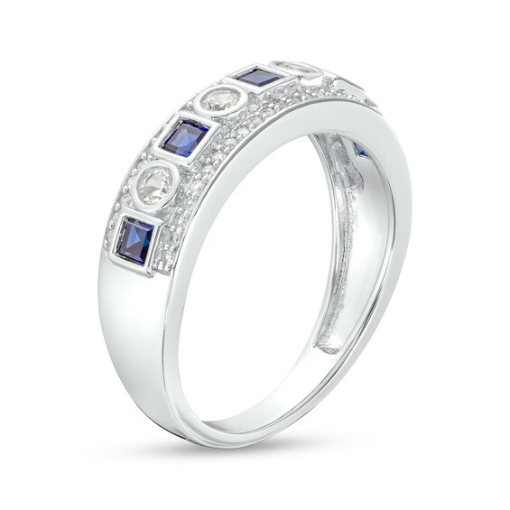 Princess-Cut Blue and White Lab-Created Sapphire Triple Row Band in Sterling Silver