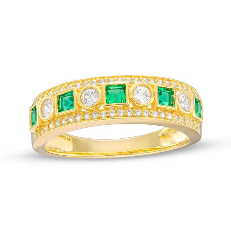 Main Image 1 of Princess-Cut Lab-Created Emerald and White Lab-Created Sapphire Triple Row Band in Sterling Silver with 14K Gold Plate