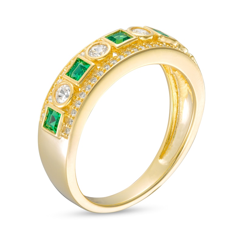 Main Image 3 of Princess-Cut Lab-Created Emerald and White Lab-Created Sapphire Triple Row Band in Sterling Silver with 14K Gold Plate
