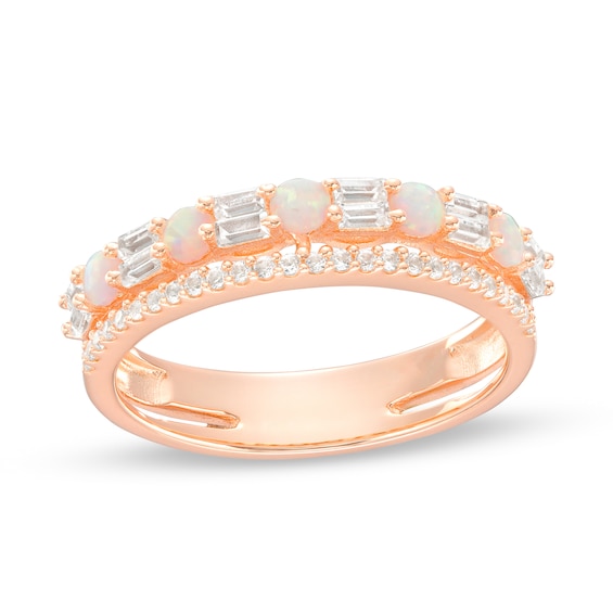 Lab-Created Opal and White Lab-Created Sapphire Art Deco Double Row Band in Sterling Silver with 14K Rose Gold Plate