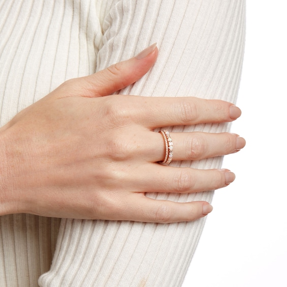 Lab-Created Opal and White Lab-Created Sapphire Art Deco Double Row Band in Sterling Silver with 14K Rose Gold Plate
