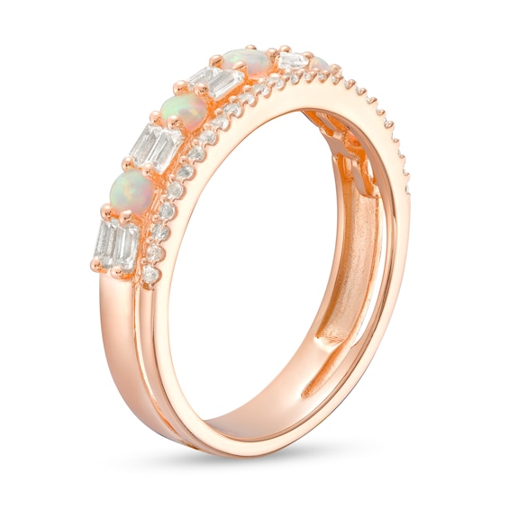 Lab-Created Opal and White Lab-Created Sapphire Art Deco Double Row Band in Sterling Silver with 14K Rose Gold Plate