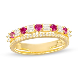 Lab-Created Ruby and White Lab-Created Sapphire Art Deco Double Row Band in Sterling Silver with 14K Gold Plate