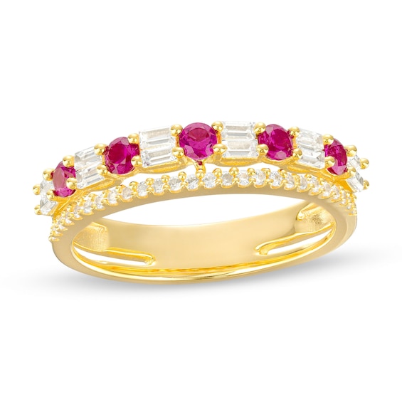 Lab-Created Ruby and White Lab-Created Sapphire Art Deco Double Row Band in Sterling Silver with 14K Gold Plate