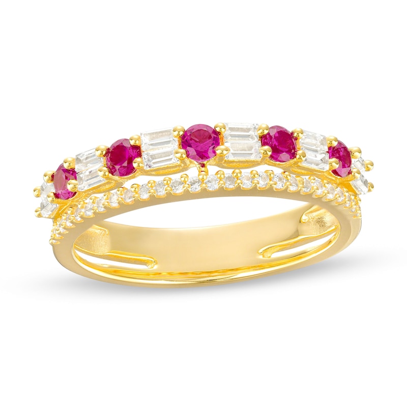 Main Image 1 of Lab-Created Ruby and White Lab-Created Sapphire Art Deco Double Row Band in Sterling Silver with 14K Gold Plate