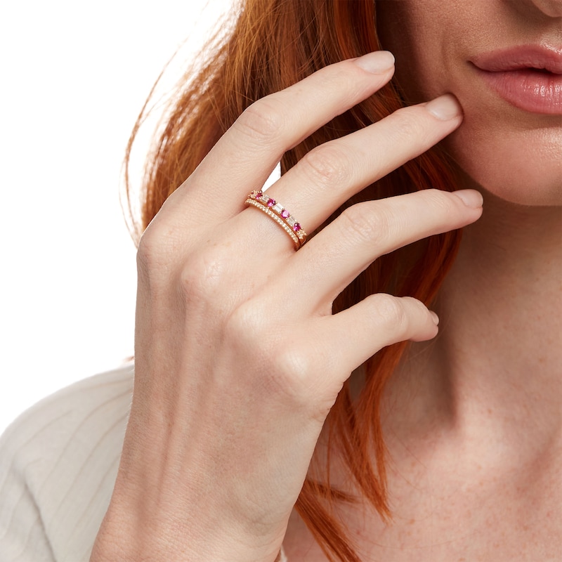 Main Image 2 of Lab-Created Ruby and White Lab-Created Sapphire Art Deco Double Row Band in Sterling Silver with 14K Gold Plate