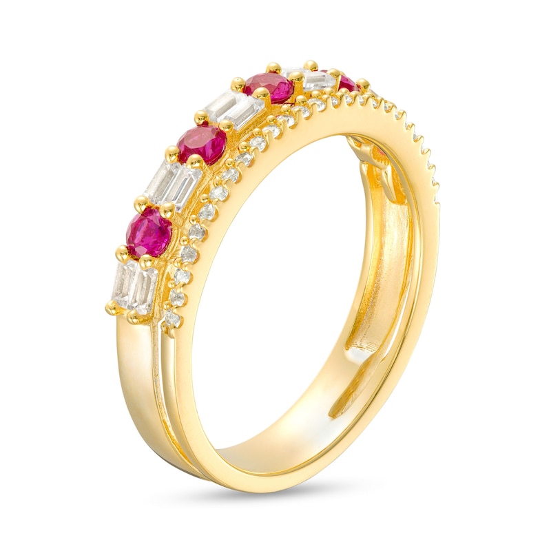 Main Image 3 of Lab-Created Ruby and White Lab-Created Sapphire Art Deco Double Row Band in Sterling Silver with 14K Gold Plate