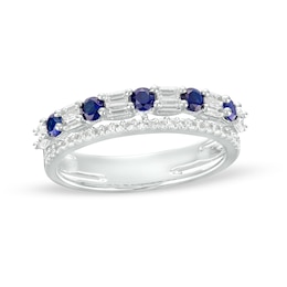 Blue and White Lab-Created Sapphire Art Deco Double Row Band in Sterling Silver