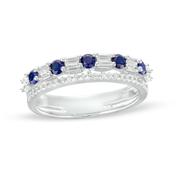 Blue and White Lab-Created Sapphire Art Deco Double Row Band Sterling Silver
