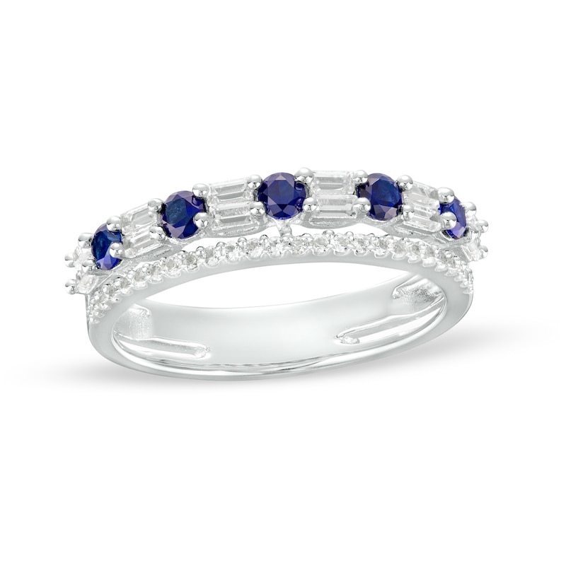 Main Image 1 of Blue and White Lab-Created Sapphire Art Deco Double Row Band in Sterling Silver