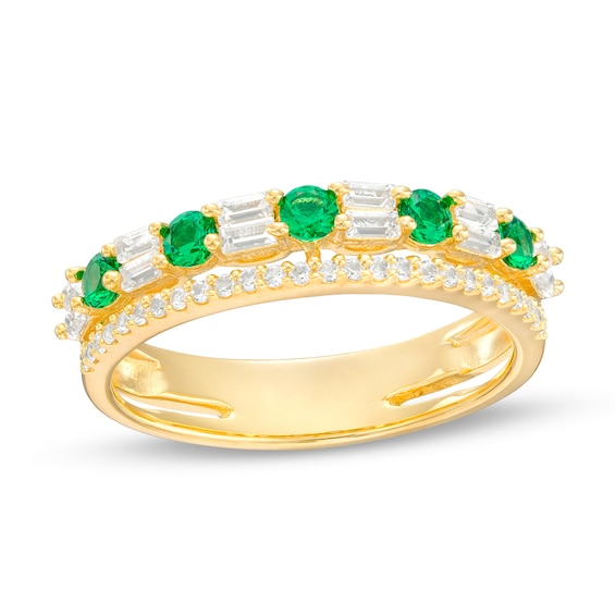 Lab-Created Emerald and White Lab-Created Sapphire Art Deco Double Row Band in Sterling Silver with 14K Gold Plate