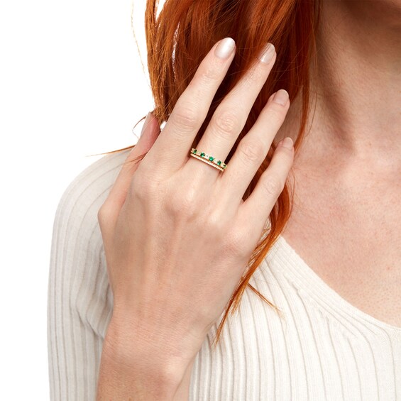 Lab-Created Emerald and White Lab-Created Sapphire Art Deco Double Row Band in Sterling Silver with 14K Gold Plate
