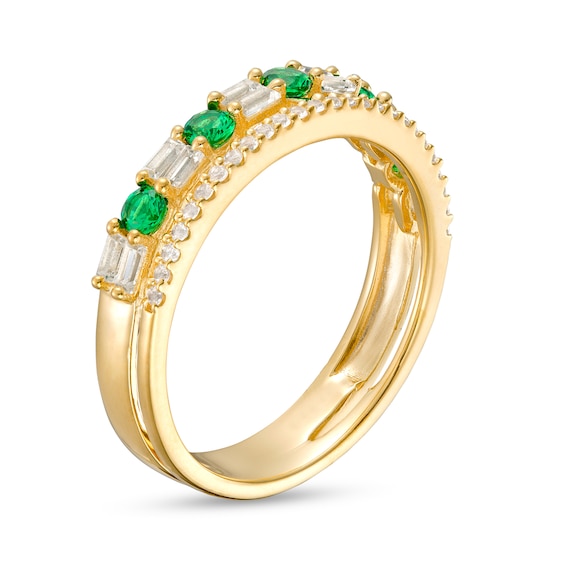 Lab-Created Emerald and White Lab-Created Sapphire Art Deco Double Row Band in Sterling Silver with 14K Gold Plate