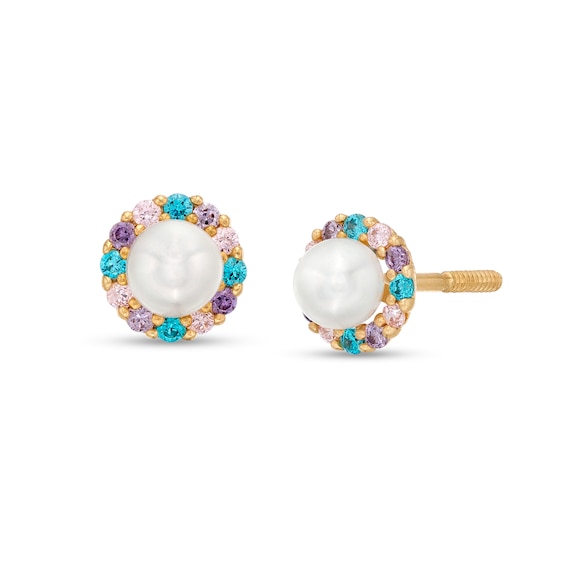 Child's 3.0mm Freshwater Cultured Pearl and Multi-Color Cubic Zirconia Frame Stud Earrings in 14K Gold