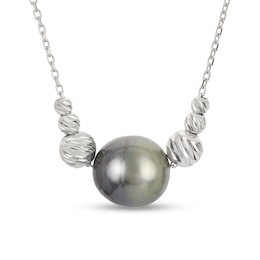 IMPERIAL® 9.0-10.0mm Black Cultured Tahitian Pearl with Graduated Brilliance Bead Tri-Sides Necklace in Sterling Silver