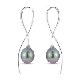 IMPERIAL® 9.0-10.0mm Oval Black Tahitian Cultured Pearl Swirl Ribbon Threader Earrings in Sterling Silver
