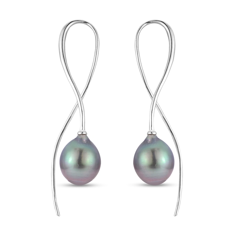 Main Image 1 of IMPERIAL® 9.0-10.0mm Oval Black Tahitian Cultured Pearl Swirl Ribbon Threader Earrings in Sterling Silver