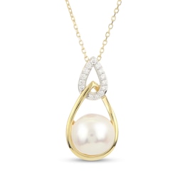 IMPERIAL® 9.0-9.5mm Cultured Akoya Pearl and 1/10 CT. T.W. Diamond Interlocking Teardrops Pendant in 14K Gold