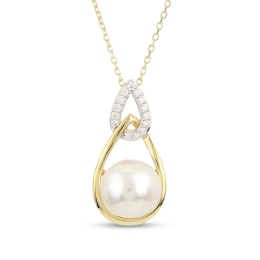 IMPERIAL® 9.0-9.5mm Akoya Cultured Pearl and 1/10 CT. T.W. Diamond Interlocking Teardrops Pendant in 14K Gold