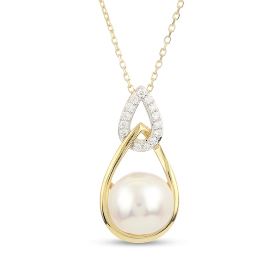 Imperial® 9.0-9.5mm Akoya Cultured Pearl and 1/10 CT. T.w. Diamond Interlocking Teardrops Pendant in 14K Gold