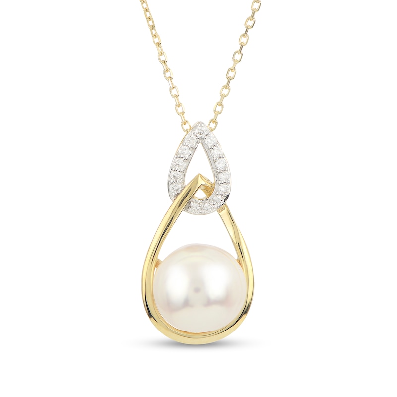 Main Image 1 of IMPERIAL® 9.0-9.5mm Akoya Cultured Pearl and 1/10 CT. T.W. Diamond Interlocking Teardrops Pendant in 14K Gold