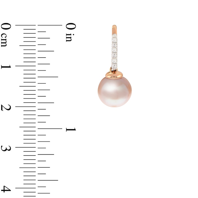 Main Image 2 of IMPERIAL® 8.0-8.5mm Pink Freshwater Cultured Pearl and 1/15 CT. T.W. Diamond Drop Earrings in 14K Rose Gold