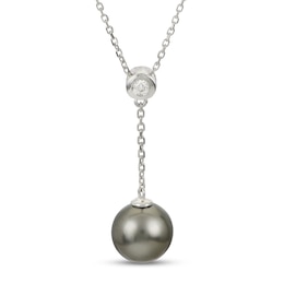 IMPERIAL® 9.0-10.0mm Black Cultured Tahitian Pearl and 1/20 CT. T.W. Diamond &quot;Y&quot; Necklace in 14K White Gold