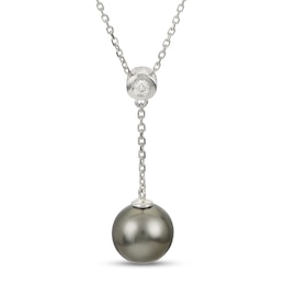 IMPERIAL® 9.0-10.0mm Black Tahitian Cultured Pearl and 1/20 CT. T.W. Diamond "Y" Necklace in 14K White Gold