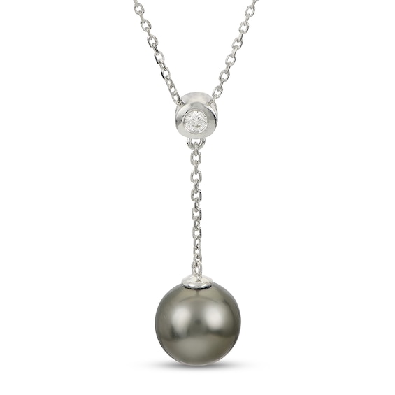 ImperialÂ® 9.0-10.0mm Black Tahitian Cultured Pearl and 1/20 CT. T.w. Diamond "Y" Necklace in 14K White Gold