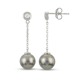 IMPERIAL® 8.0-9.0mm Black Cultured Tahitian Pearl and 1/10 CT. T.W. Diamond Linear Chain Drop Earrings in 14K White Gold
