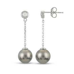 IMPERIAL® 8.0-9.0mm Black Tahitian Cultured Pearl and 1/10 CT. T.W. Diamond Linear Chain Drop Earrings in 14K White Gold