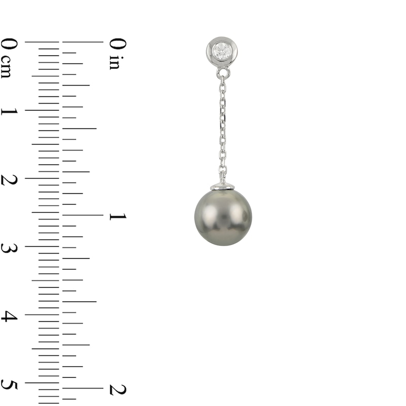 Main Image 2 of IMPERIAL® 8.0-9.0mm Black Tahitian Cultured Pearl and 1/10 CT. T.W. Diamond Linear Chain Drop Earrings in 14K White Gold