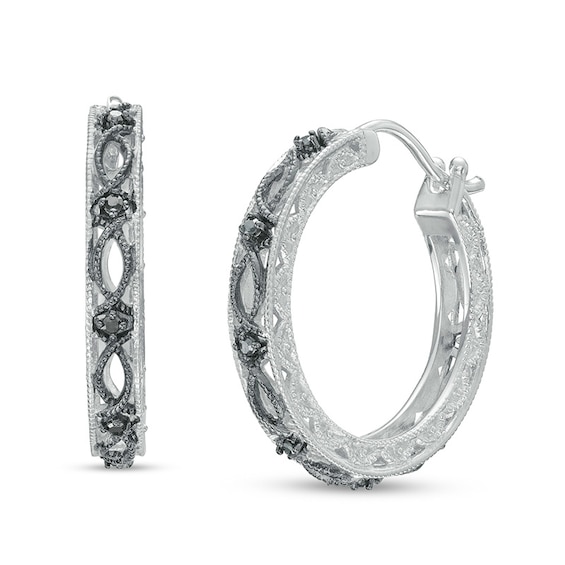 1/15 CT. T.w. Black Diamond Lace Pattern Vintage-Style Hoop Earrings in Sterling Silver and Black Rhodium