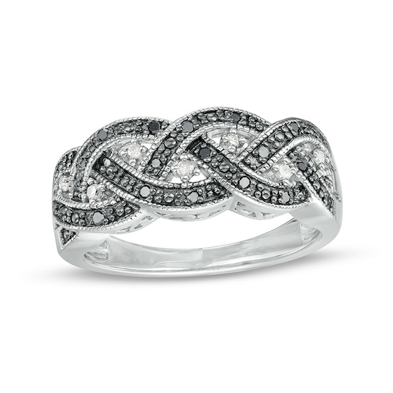 1/6 CT. T.w. Black and White Diamond Beaded Loose Braid Vintage-Style Ring in Sterling Silver and Black Rhodium