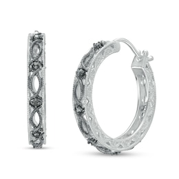 1/15 CT. T.W. Black Diamond Lace Pattern Vintage-Style Hoop Earrings in Sterling Silver and Black Rhodium