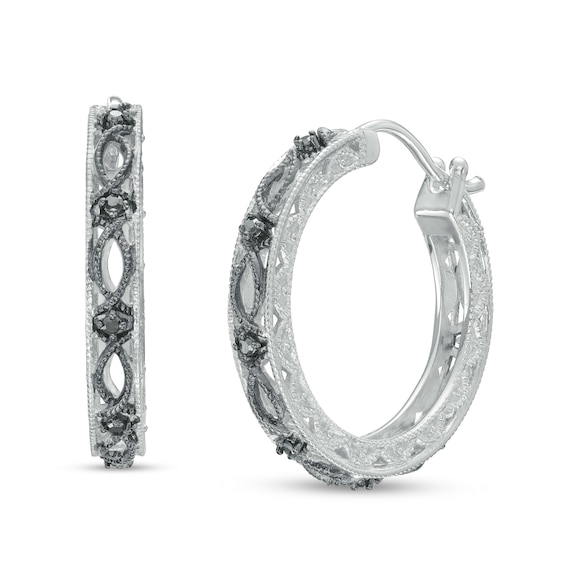 1/15 CT. T.w. Black Diamond Lace Pattern Vintage-Style Hoop Earrings in Sterling Silver and Black Rhodium