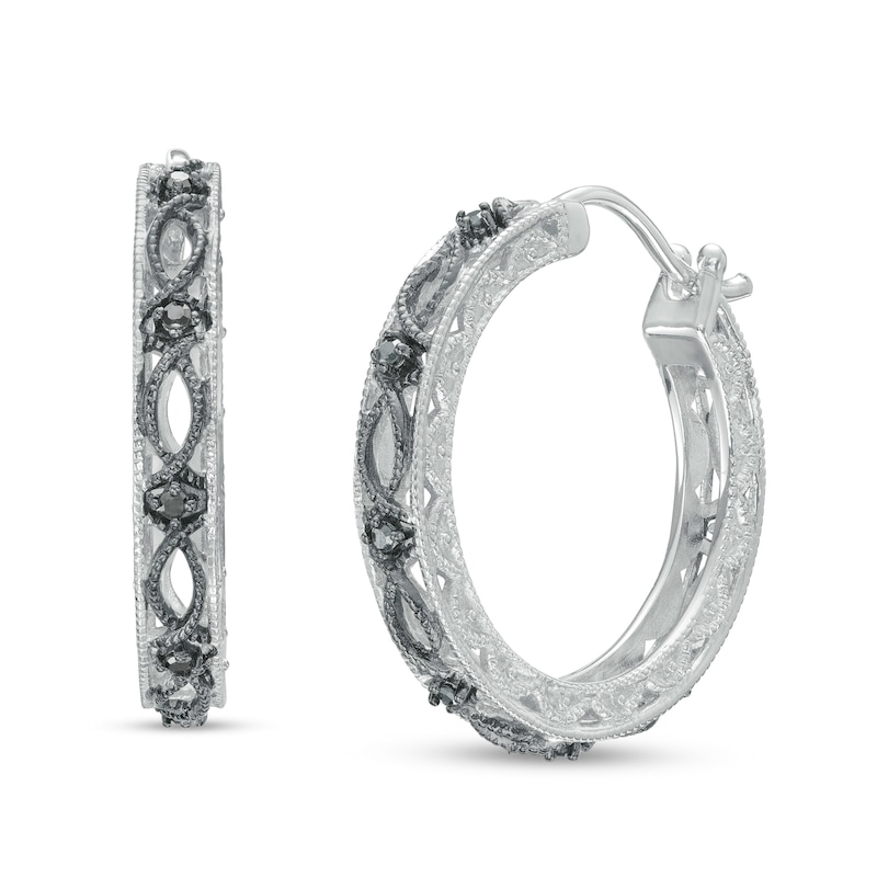 Main Image 1 of 1/15 CT. T.W. Black Diamond Lace Pattern Vintage-Style Hoop Earrings in Sterling Silver and Black Rhodium