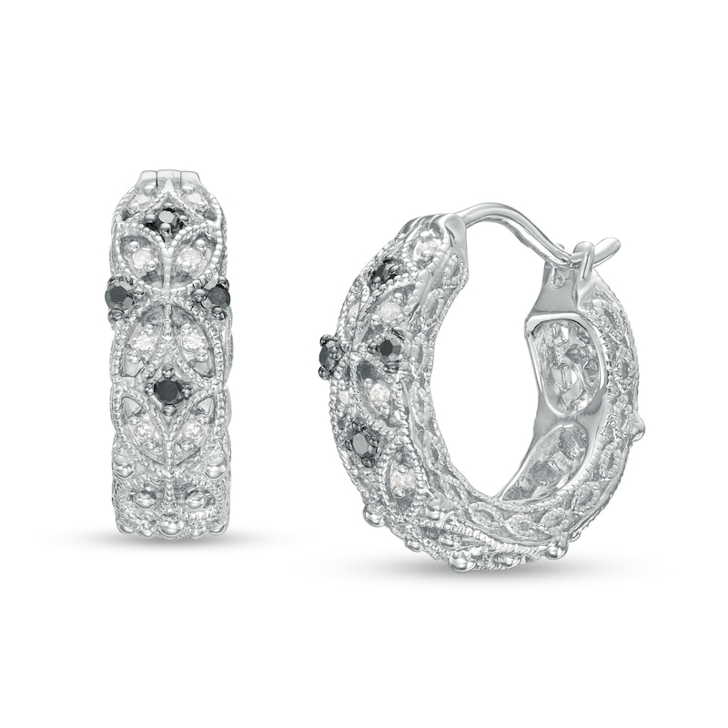 Main Image 1 of 1/6 CT. T.W. Black and White Diamond Art Deco Vintage-Style Huggie Hoop Earrings in Sterling Silver