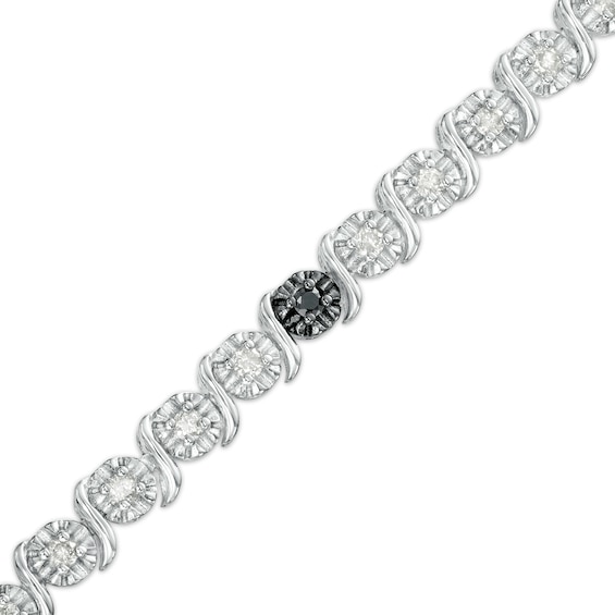 1 CT. T.w. Black and White Diamond Five Stone Station "S" Link Tennis Bracelet in Sterling Silver - 7.25"