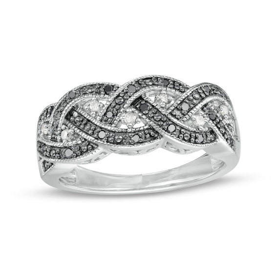 1/6 CT. T.w. Black and White Diamond Beaded Loose Braid Vintage-Style Ring Sterling Silver Rhodium