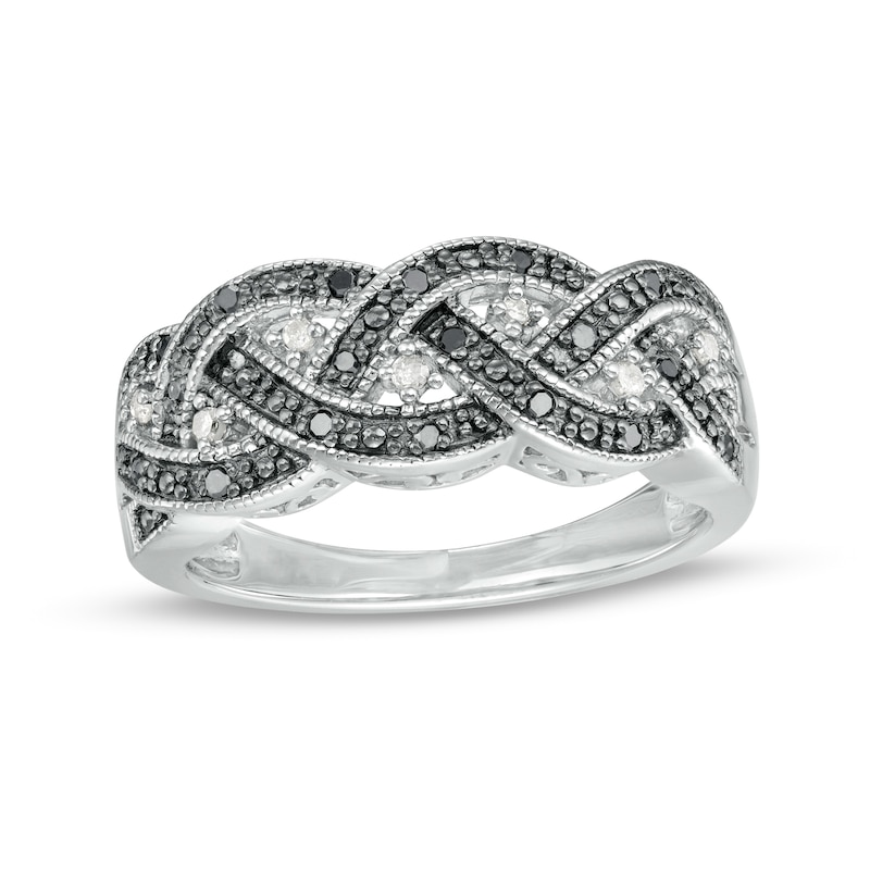 Main Image 1 of 1/6 CT. T.W. Black and White Diamond Beaded Loose Braid Vintage-Style Ring in Sterling Silver and Black Rhodium