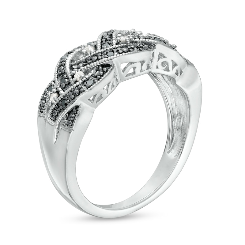 Main Image 3 of 1/6 CT. T.W. Black and White Diamond Beaded Loose Braid Vintage-Style Ring in Sterling Silver and Black Rhodium